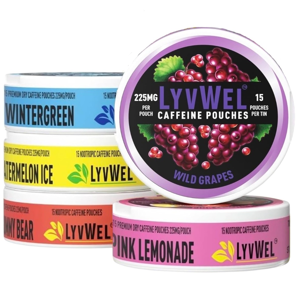 LyvWel 225mg Caffeine Energy Pouches | Nootropic Focus & Neuro Support | Tobacco-Free, Nicotine-Free, Soluzione ad energia rapida | 5-Pack: 60 Pouches (5 Pack, Multi-Pack)
