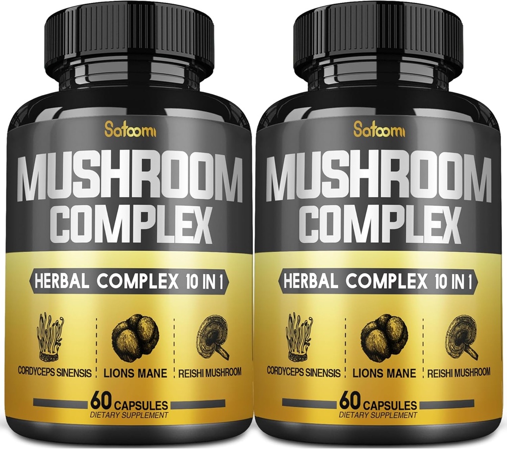 Satoomi 10in1 Complesso di funghi capsule - 4 mesi di alimentazione - miscele con Lions Mane, Cordyceps, Reishi, Chaga, Maitake, Shitake & Others - 2 pacchetti 60 capsule