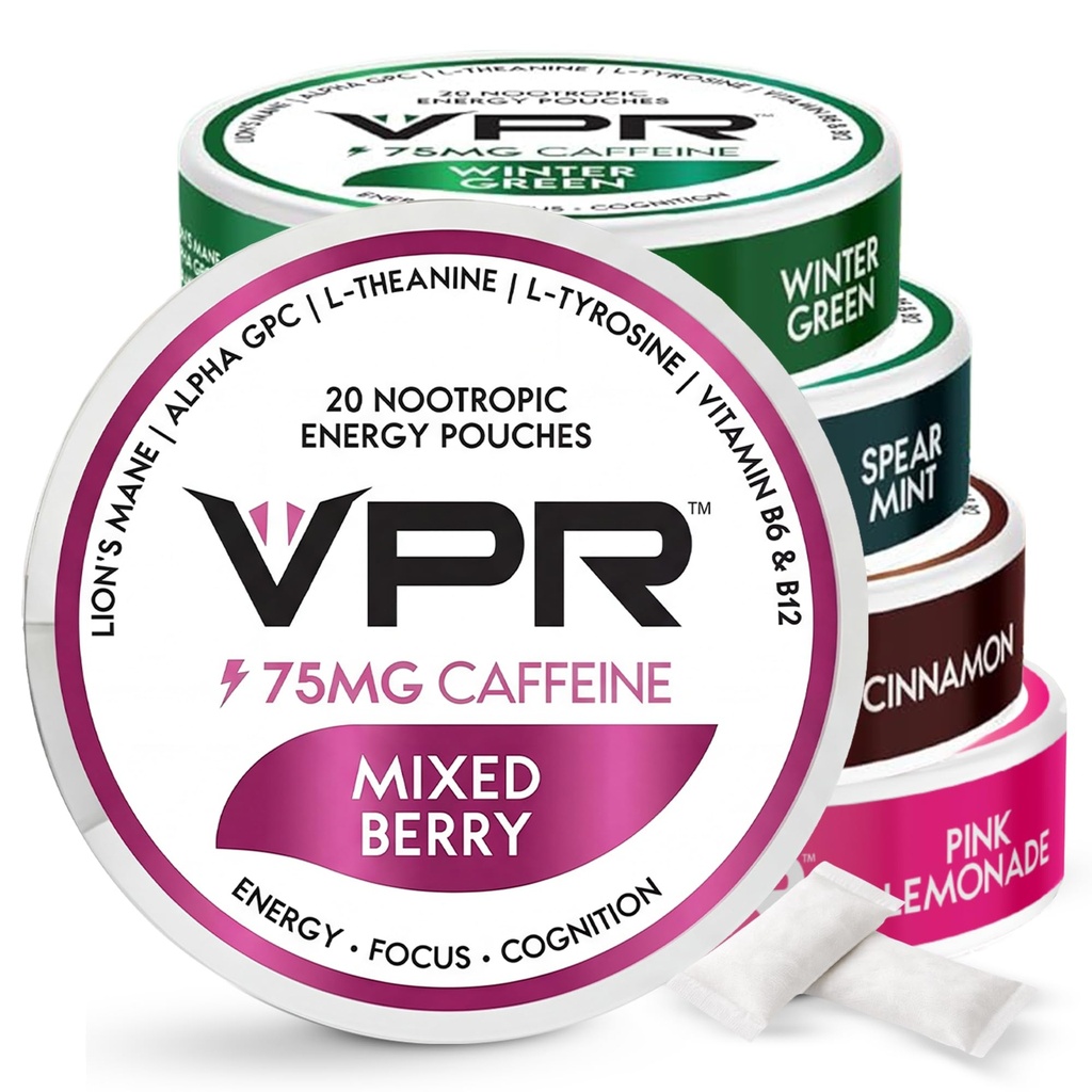 VPR 75mg Caffeine Nootropic Pouches | 20 Conte Energy Pouches con Lion's Mane, Alpha-GPC, Vitamina B6 & B12, L-theanine e L-Tyrosine | Cuffie a fuoco naturalmente aromatizzate con No Sugar | Variety Pack