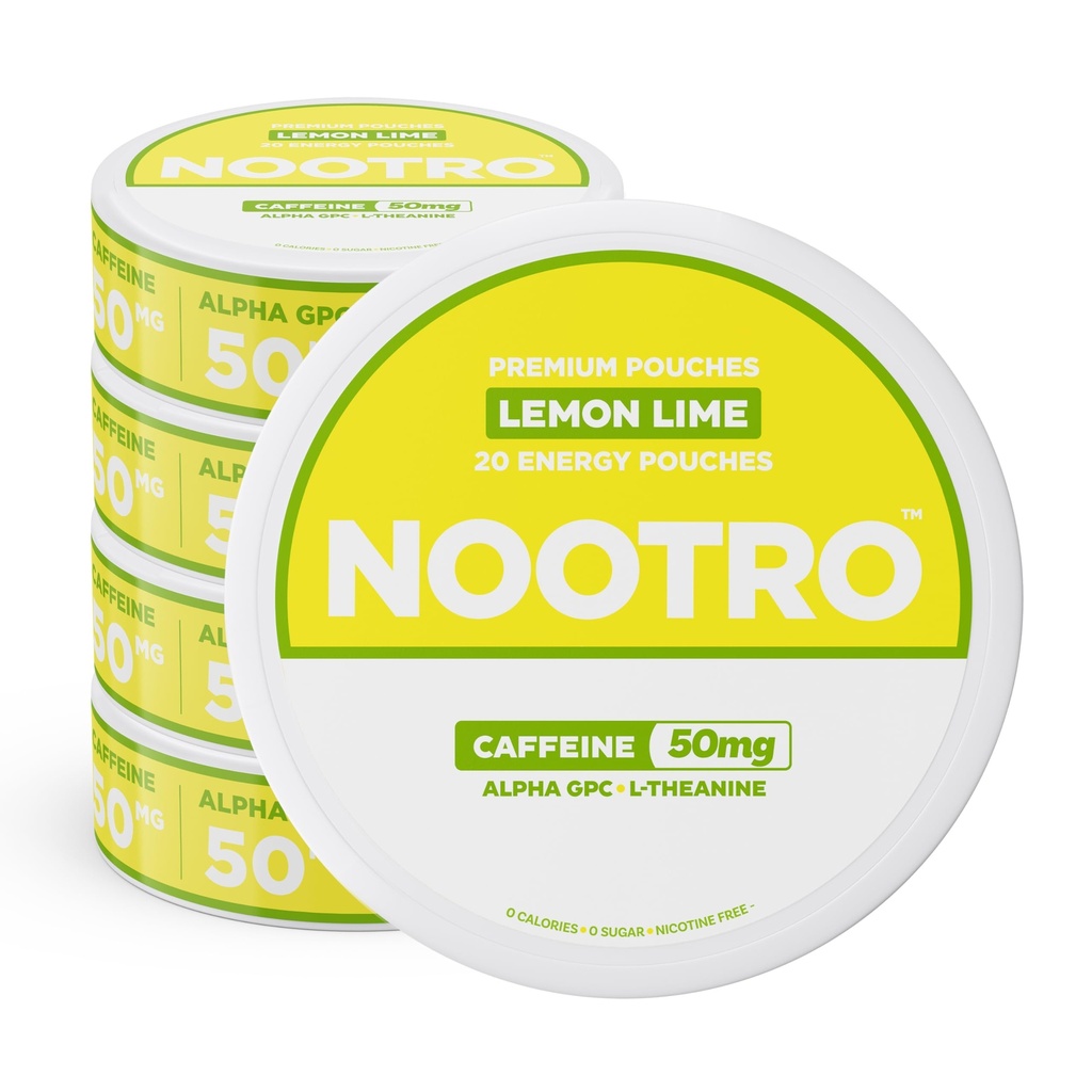 Nootro Caffeine Nootropic Pouches (Lemon Lime) - Energy Pouches con 50mg Caffeina, 50mg Alpha GPC, 50mg L-teanina con No Sugar e no Calories - 20 Pouches Per Can - 5 Pack