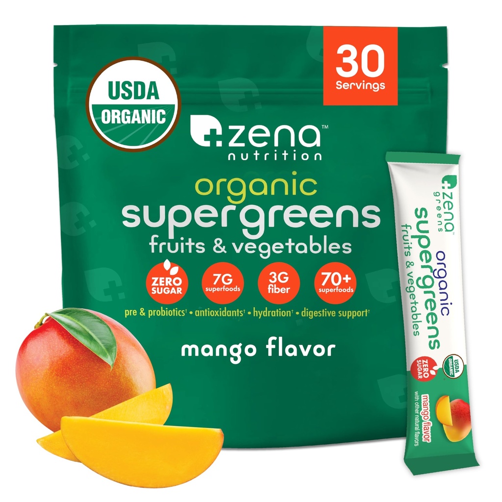Zena Nutrition Organic Super Greens Powder, 70+ Superfoods, 0 Zucchero, Fibra 3G, Spirulina, Clorella, Funghi, Prebiotici/Probiotici, Enzimi Digestivi per Salute Gut, Mango, 30 Bevande