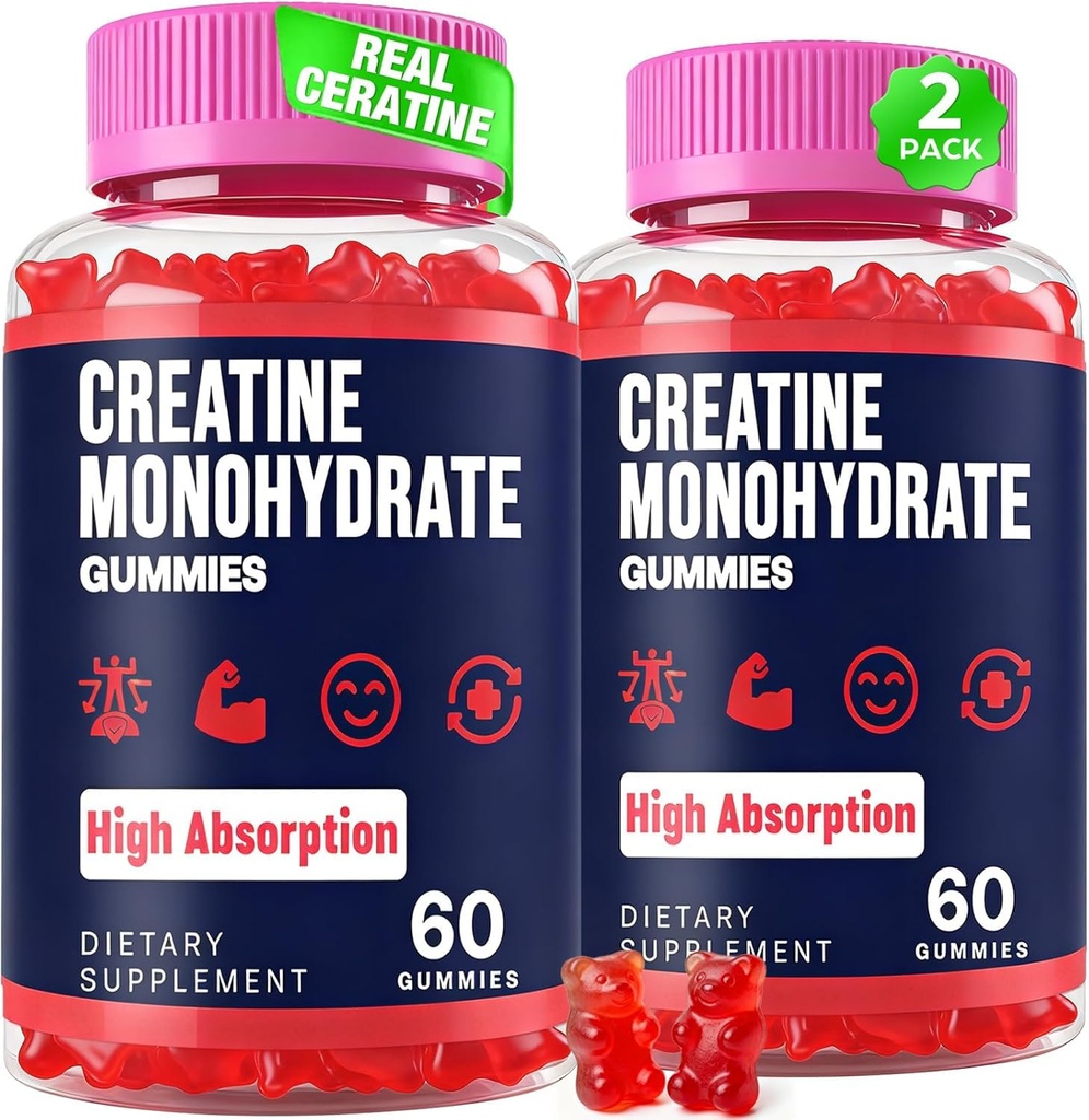 Creatina Monoidrato Gummies per le donne e gli uomini, Taurina & B6, Chewable Creatina Pre Workout Gummies per Max Forza & crescita del muscolo, Energia, Endurance, Creatina per gli uomini e le donne - 2 bottiglie