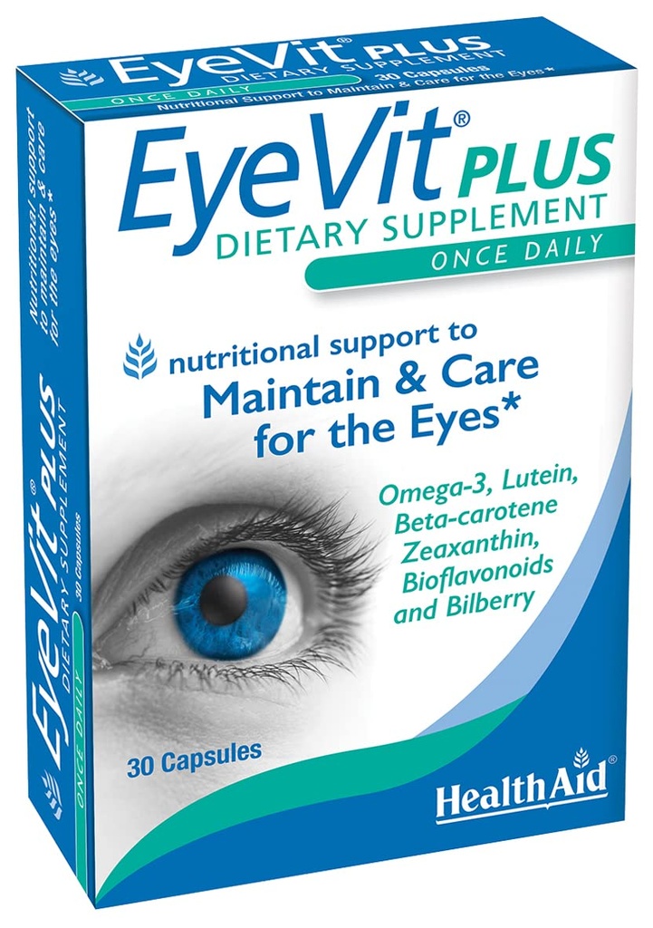 EyeVit Plus – Supplemento di salute degli occhi di una giornata | 30 capsule | Contiene Omega-3, Lutein, Beta-Carotene, Zeaxanthin, Bioflavonoidi & Bilberry
