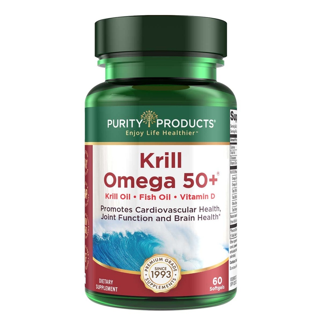 Prodotti di purezza Krill Omega 50 (Krill + Fish Oil Blend 1000mg + Astaxanthin 500mcg + Phospholipids 200mg + Vitamina D 500 IU) - 60 Mini Softgels