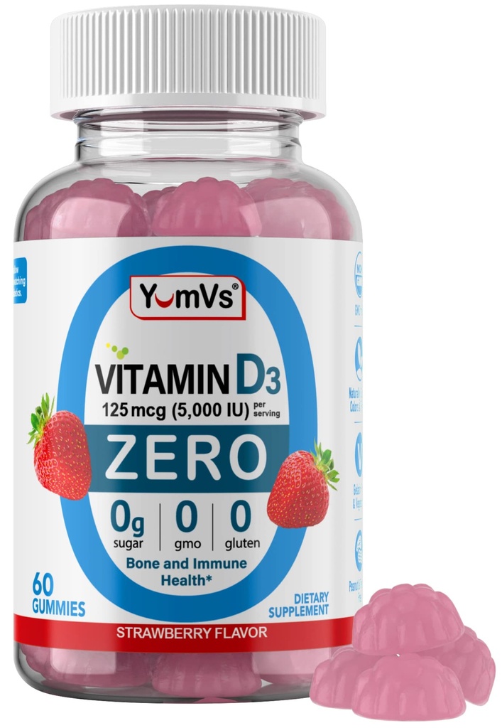 Yum-Vs - Vitamina D3 Gummies con Zucchero Zero per Adulti & Bambini (125 mcg - 60 Count) - Zucchero Vitamina D Gummies - Vitamine per Gomma Vegetariana per Supporto Bone & Salute Immune - Vit D3 Vitamina Chewable