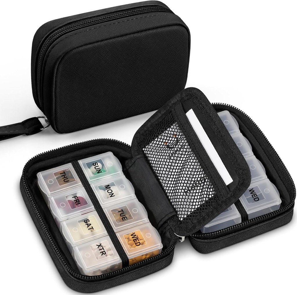 Zannaki Cute Pill Organizer per Purse con due rimovibili 7-Day Pill Box, Travel PU Leather Pill Case, Portable Weekly Pill Container with Storage Bag to Hold Vitamins, Fish Oils, Supplements (nero)