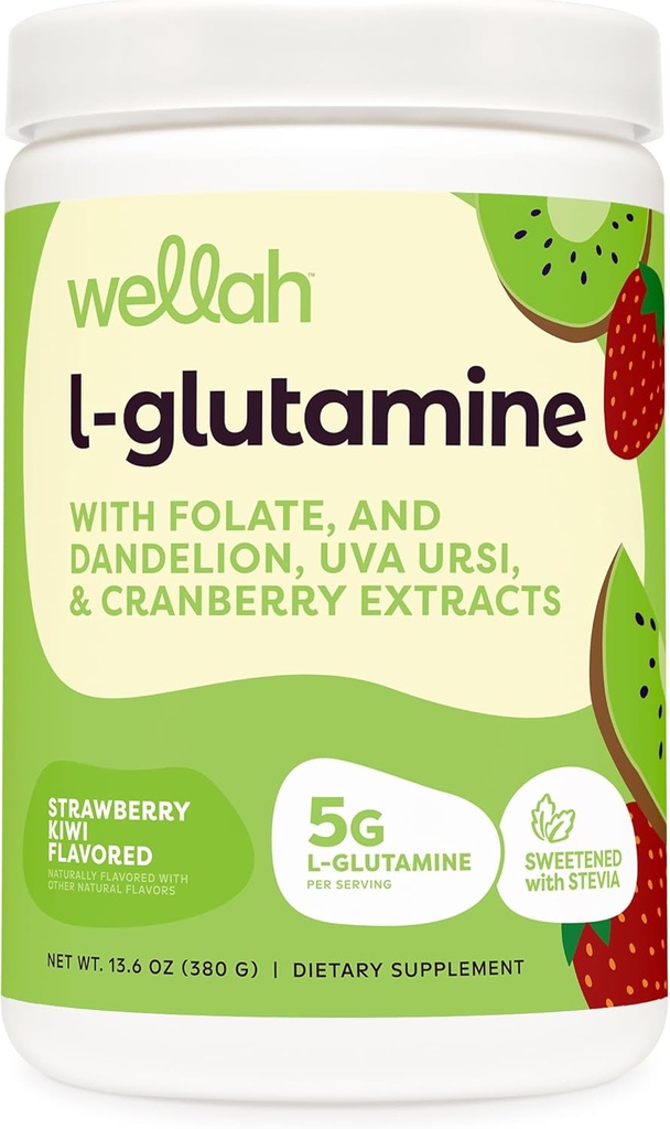 Wellah L-Glutamine Polvere Fragola Kiwi (50 Serve) - 5g L-Glutamina Per Serving, Addolcito con Stevia