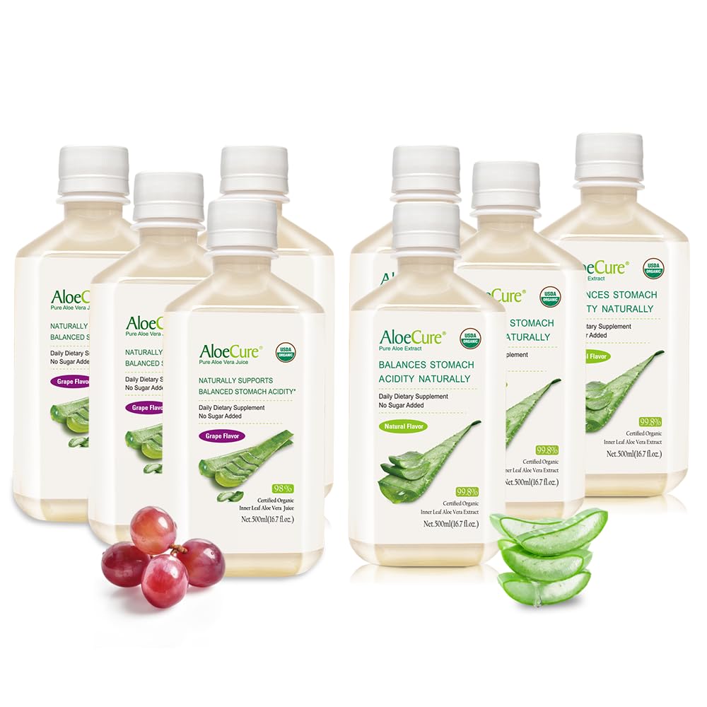 AloeCure Organic Aloe Vera Juice - 8 Bottiglie Sample Pack - Uva e Natural Flavor, 8x500ml