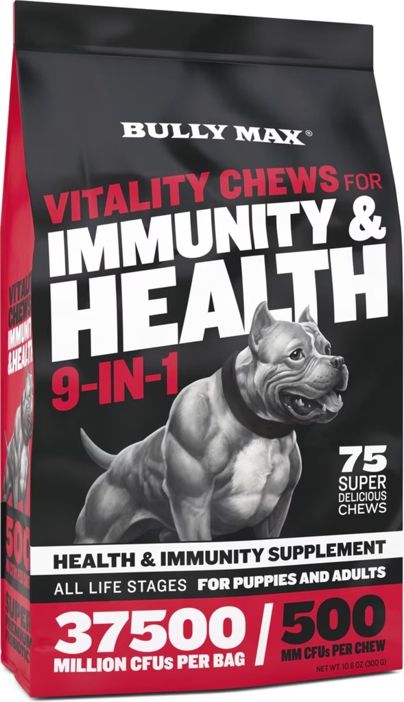 Bully Max Dog Chews & Multivitamin Trattamenti per Puppy & Adult Dogs - 75 Soft Chews, Supplementi per cani e vitamine per tutte le razze - Pelle, Cappotto, Cervello, Cuore, Salute Digestiva, Immunità, Supporto congiunto