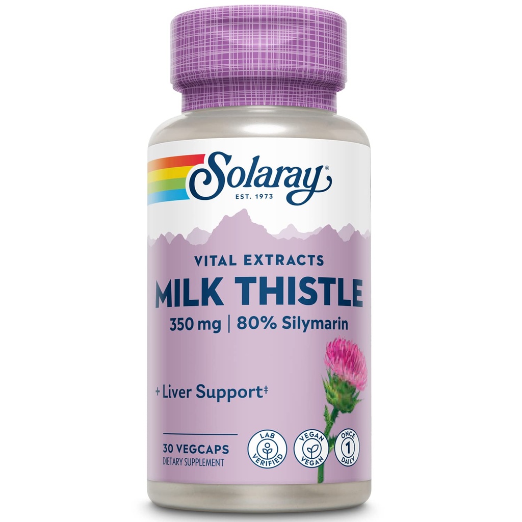 SOLARAY Latte Thistle Seed Extract 350 mg Garantito per contenere 80% Silymarin, Supporto per fegato tradizionale, Vegan & Lab verificato per la qualità, 60 giorni Money-Back Guarantee, 30 Servings, 30 VegCaps