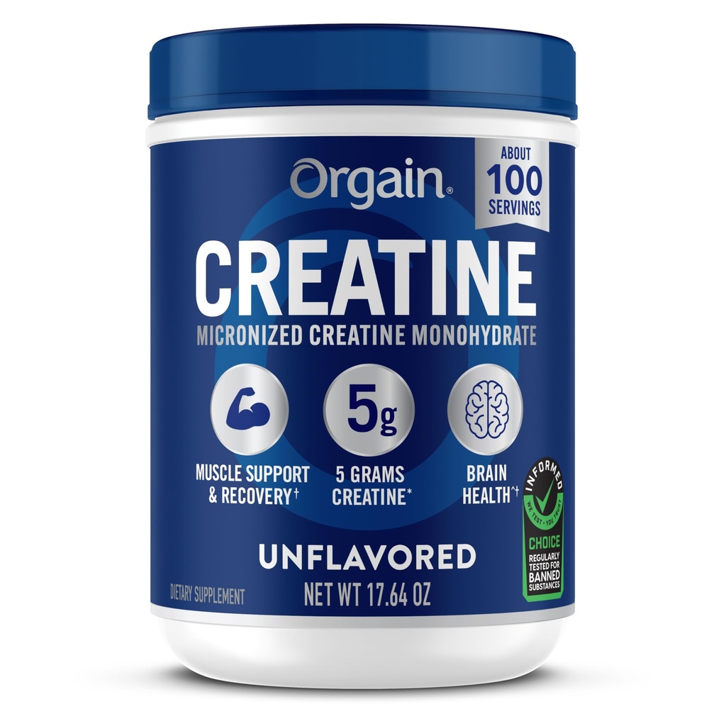 Orgain Creatina Monoidrato polvere micronizzata, 100 Serve, non aromatizzata, Supporta la crescita del muscolo, Post Workout Recupero e Salute del cervello, Nessun Additivi artificiali, per gli uomini e le donne (Packaging May Vary)