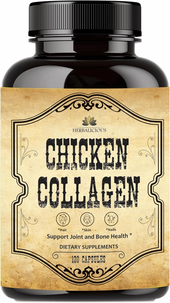 HERBALICIOUS Chicken Collagen Capsule – Supplemento al collagene per il supporto congiunto, Skin & Bone – Peptidi di collagene idrolizzati dal brodo di chicken Bone – Non OGM, Anti-invecchiamento – 120 capsule