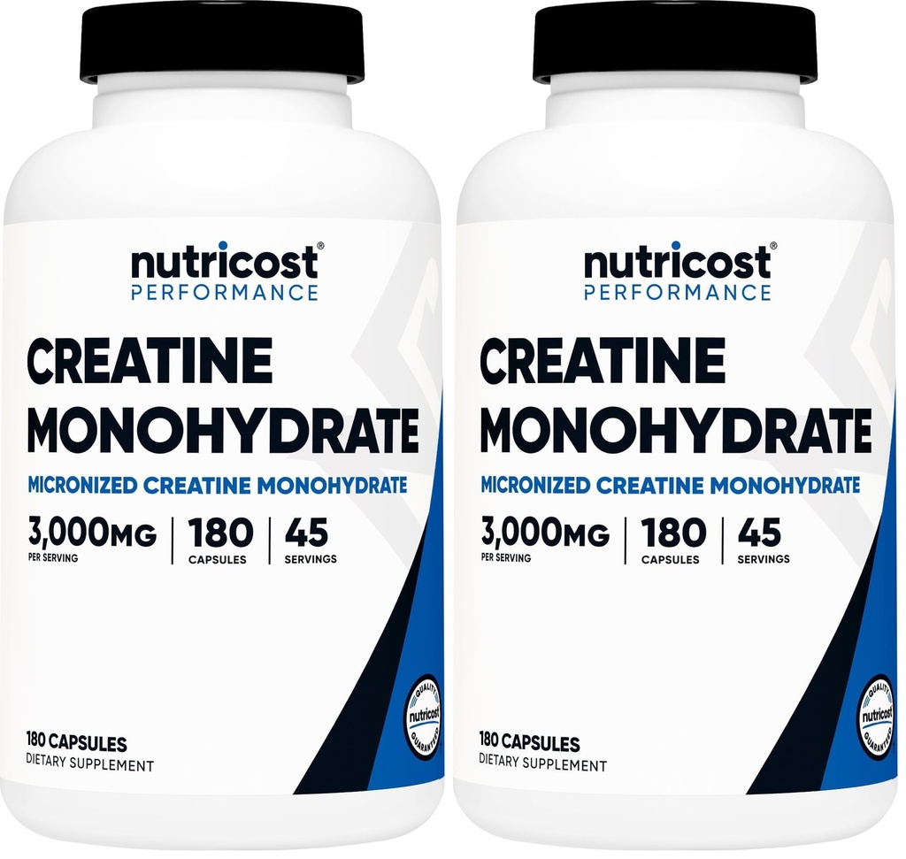 Nutricost Creatina Monoidrato 3.000mg, 180 Capsule (750mg Per Capsule) - Gluten Free, Non OGM (Pack of 2)