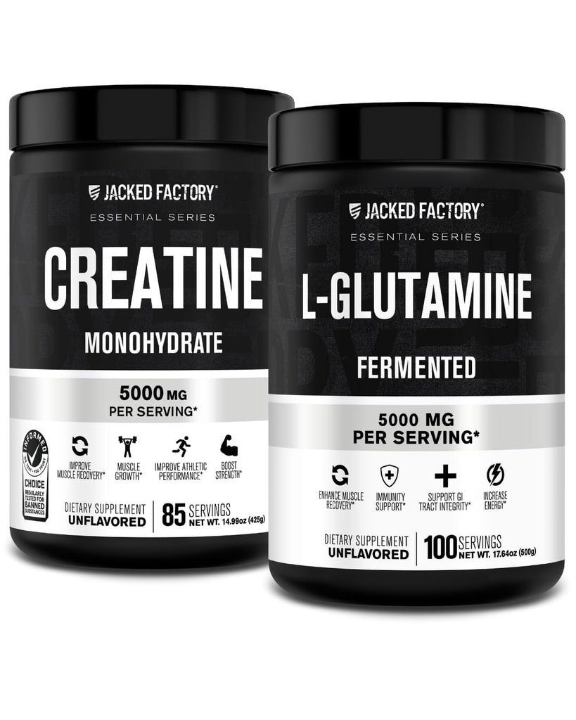 Polvere monoidrata della creatina della fabbrica di Jacked 425g, 85 SV & L-Glutamine Supplemento 500g, 100 SV - Nessun filler artificiali, non aromatizzato