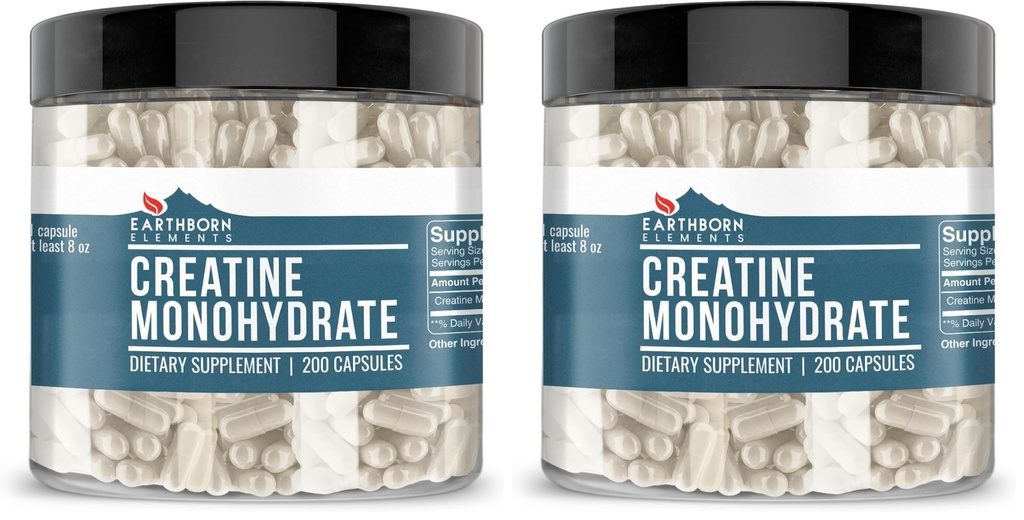 Elementi terrestri Creatina Monoidrato 200 Capsule, Pure & Undiluted, No Additivi (Pack of 2)