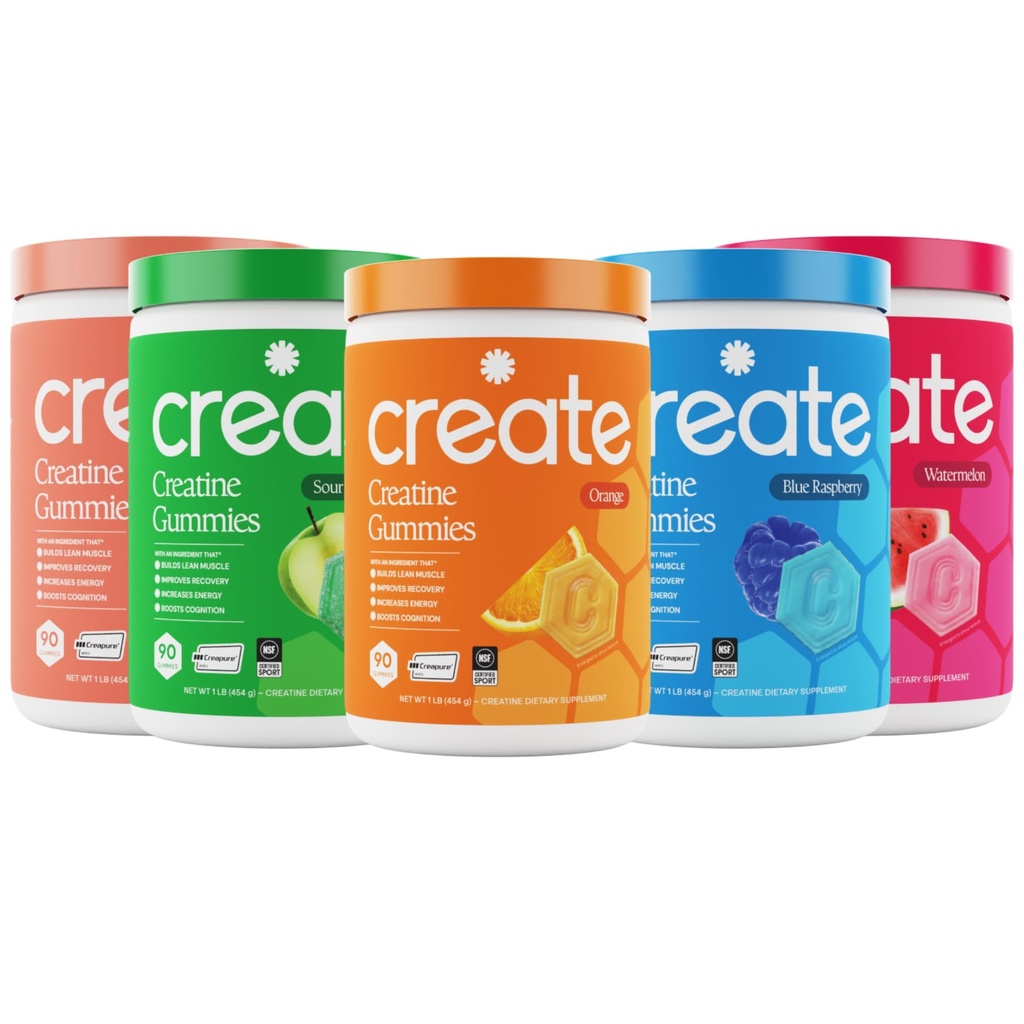 Creatina Monohydrate Gummies - High Five Bundle - Peach acida, Sour Apple, Watermelon, Blue Raspberry & Orange - Gummies Creatina per le donne e gli uomini, Certificato NSF, 3rd Party Tested, (5-Pack)
