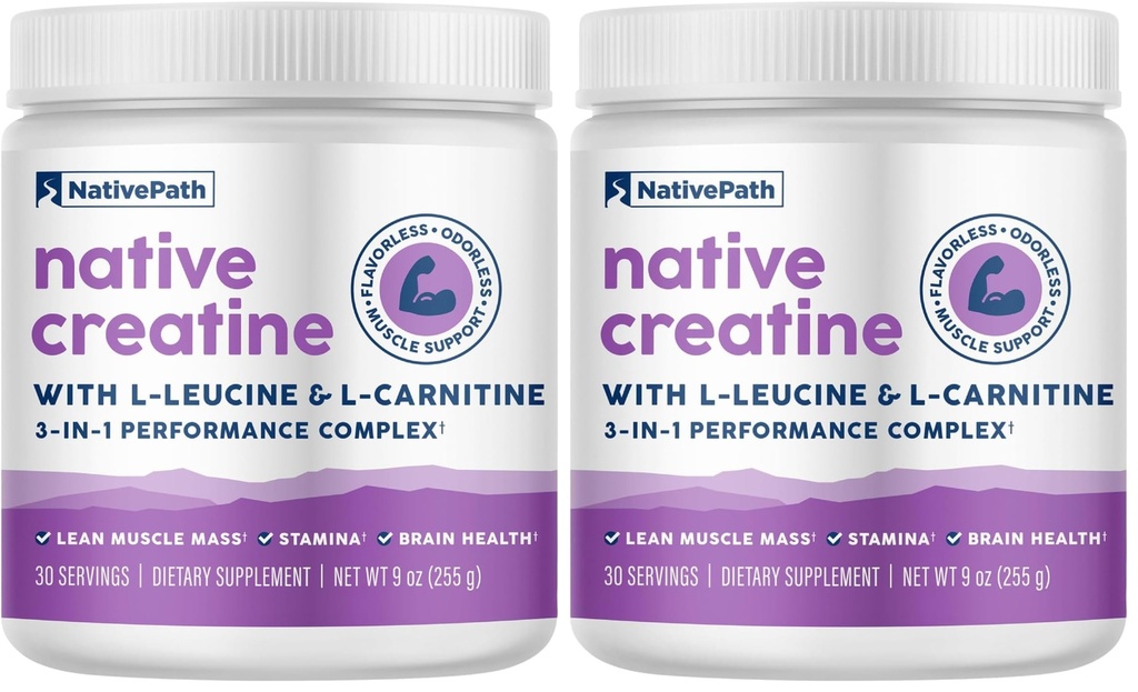 NativePath Creatine Monoidrato Polvere con L-Leucina & L-Carnitina - Integratore per la costruzione del muscolo per uomini e donne - 30 Serve (Pack of 2)