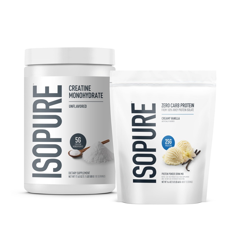 Isopure Bundle of Zero Carb 100% polvere di proteine isolate di siero puro, vaniglia cremosa, 25g proteine per porzione, 1 Lb, 14 Serve + Isopure 100% polvere di monoidrato di creatina pura, 100 Servings