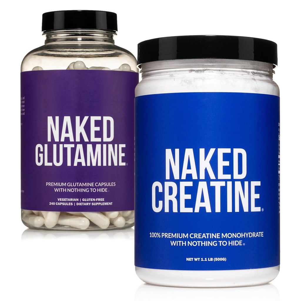 NAKED Pure Micronized Creatine Monohydrate 100 Servings + Pure L-Glutamine 240 capsule Bundle: Vegan, Non-OGM, Gluten Free. Minimize Muscle Breakdown & Migliorare la sintesi proteica. Nulla di artificiale