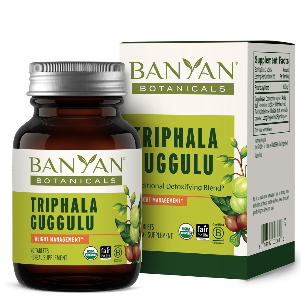 Banyan Botanicals Triphala Guggulu – Integratore di Triphala Organico con Resina Guggulu –– Integratore di disintossicazione a base di erbe per sostenere la digestione sana* – 90 compresse – Non OGM Sostenibilmente Sorgente Vegan