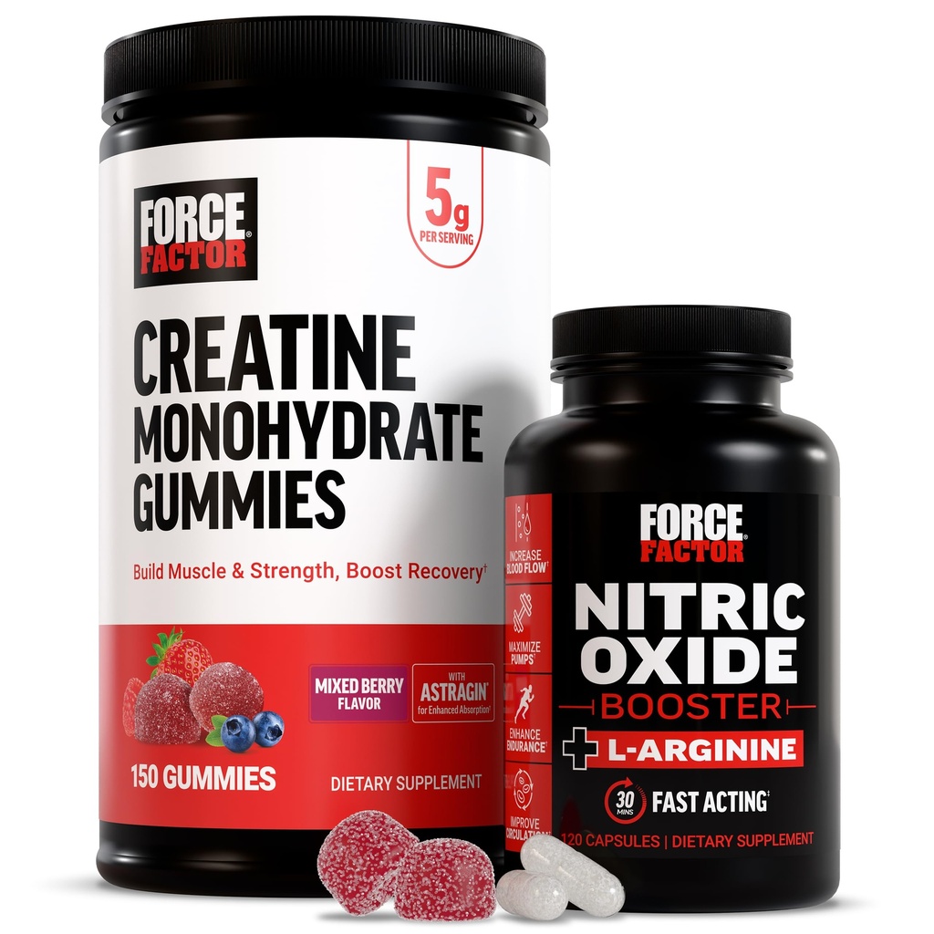 Force Factor Creatine Gummies, 5 Grammi Creatina Monoidrato, Bacca mista, 150 Gummies, 30 Serve Nitric Oxide Booster, Formula ad azione rapida con L-Arginina, 120 Capsule