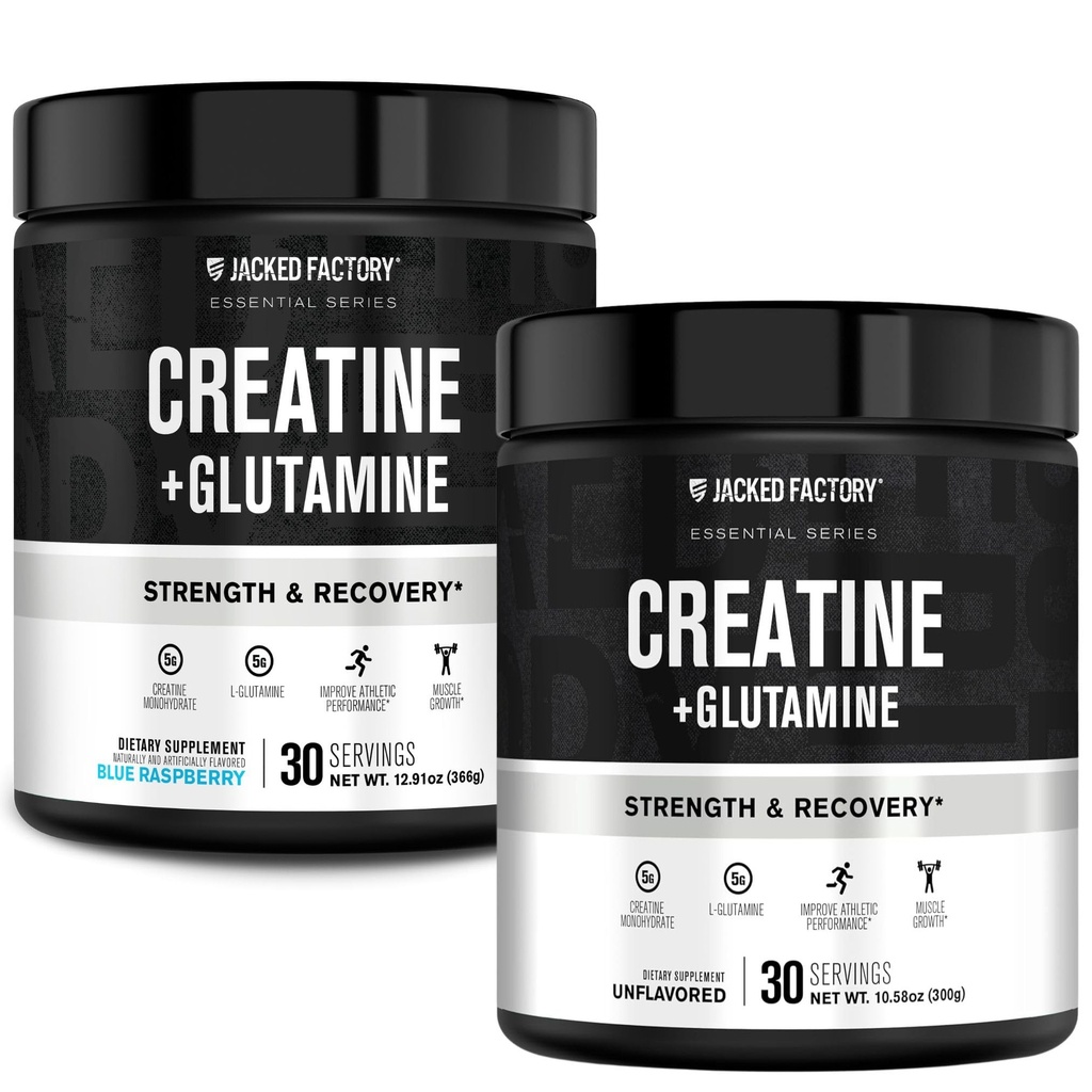 Creatina di fabbrica Jacked + Glutamina - Integratore di creatina con L-Glutamina per il recupero del muscolo, crescita del muscolo, aumento della forza (30 Serve, non aromatizzato & 30 Serve, lampone blu)