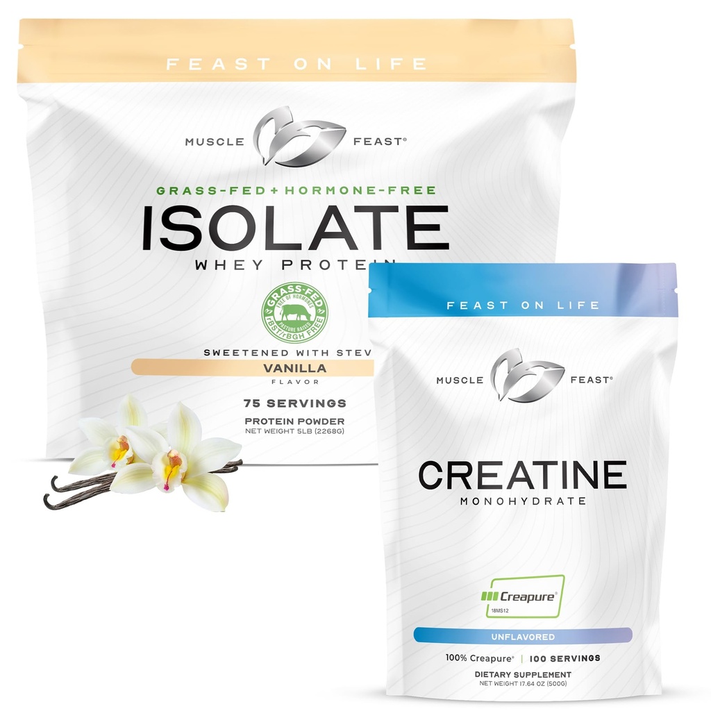Festa del muscolo Bundle – Creatina monoidrato polvere non aromatizzata 500g (1 unità) + Grass-Fed Whey Protein Isolate Vanilla 5lb (1 unità), tutto naturale ormone-Free Pasture Raised