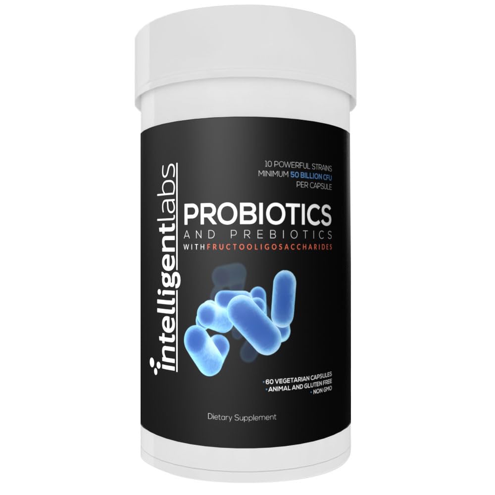 Labs intelligenti 50 miliardi di CFU Probiotici con Prebiotici, Nessuna Refrigerazione Necessario, con Sunfiber e FOS per 10x Più Efficienza, 60 giorni Fornitura Per Bottiglia, Terze Parti Verificate per Purezza