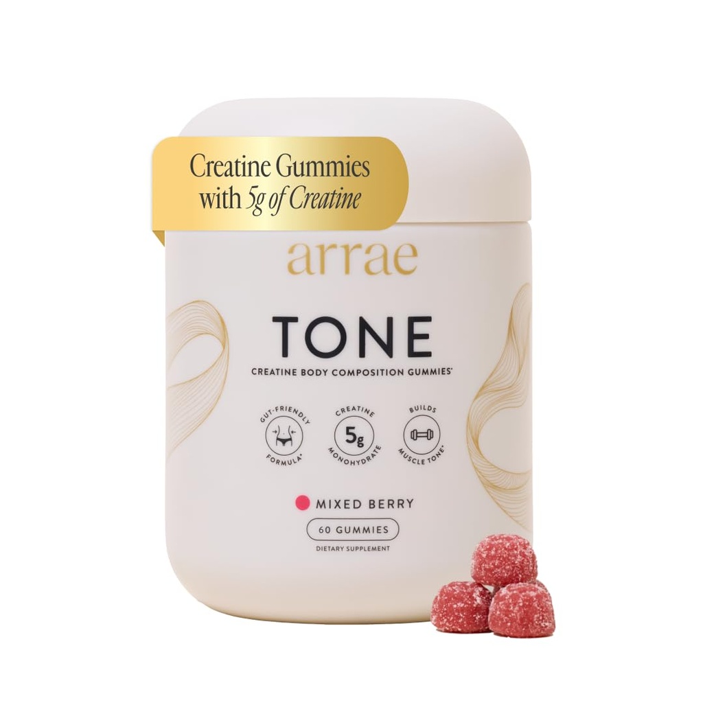 Arrae Tone Gummies – Creatina monoidrato per le donne – Supporto muscolare magra, resistenza e recupero – Misto sapore di bacche – 60 Conte