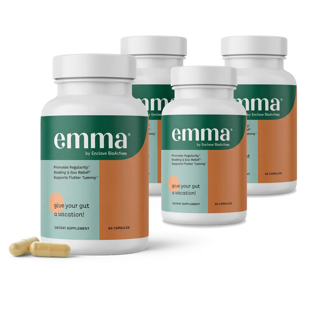 Emma Gut Health - 4 Pack - Rilievo Gas e Bloating, costipazione, Leaky Gut Repair - Gut Cleanse & Restore Digestion - Regolare il movimento Bowel. Probiotici e alternativa lassativa, 240 capsule