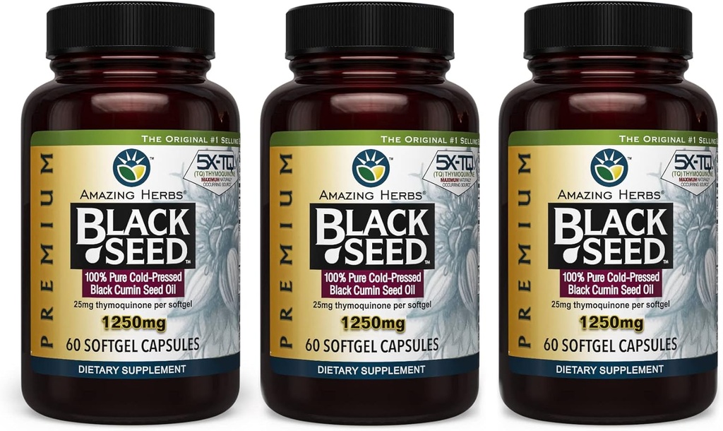 Sorprendente erbe Premium Black Seed Oil Capsule - Alta Potenza, Freddo Pressato Nigella Sativa Aids in Salute Digestiva, Supporto Immune & Brain Funzione - 60 Conte, 1250mg (Pack of 3)