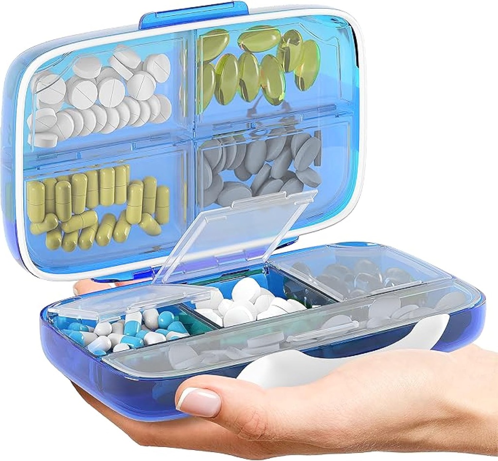 Organizzatore di pillole di viaggio - Airtight caso di medicina per viaggiare scatola di farmacia portatile con etichette contenitore di vitamina 8 scompartimento supplemento titolare di farmaci grande capacità quotidiana (blu)