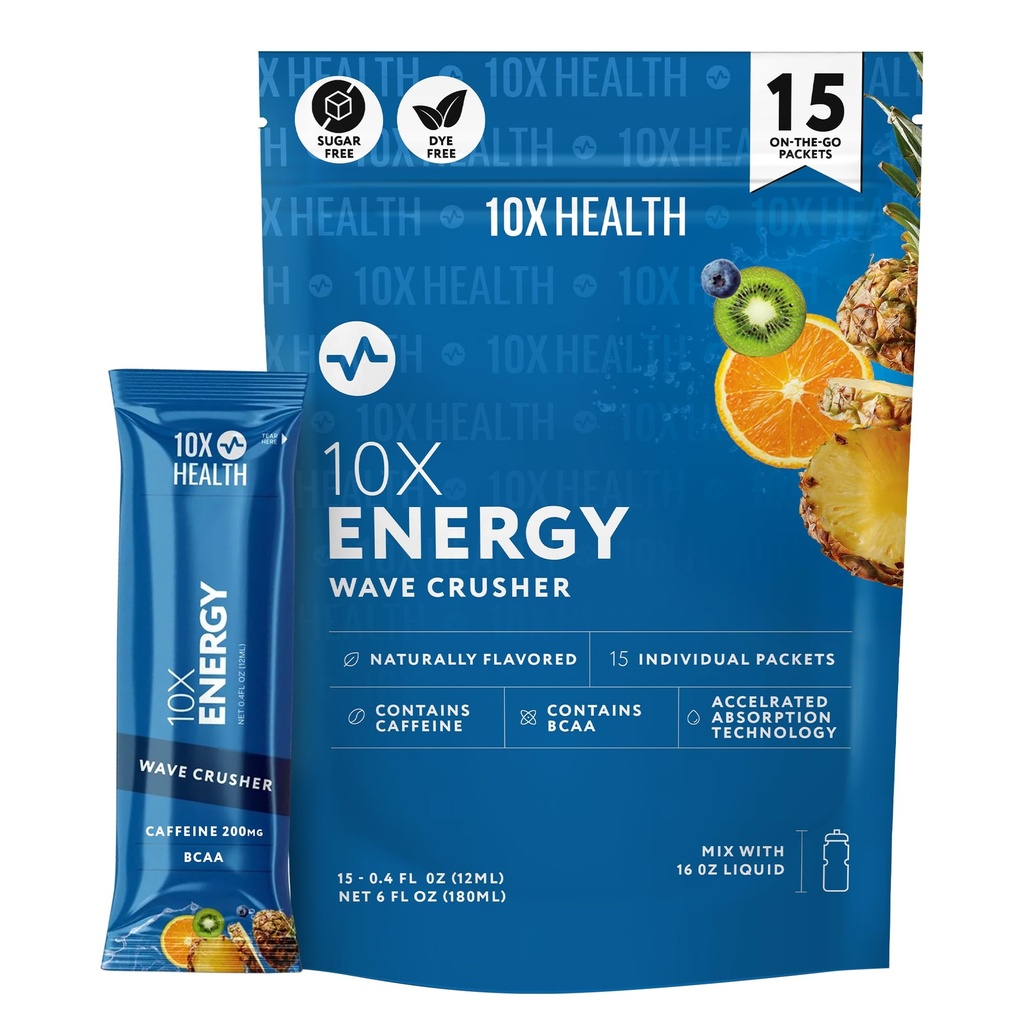 10X Salute - Energy Wave Crusher - Bevanda energetica con 200 mg di caffeina, BCAA, B Vitamine, Assorbimento accelerato - Tropicale Punch Pre-Workout Drink - 15 Bevande Miscele (Wave Crusher - Energy)