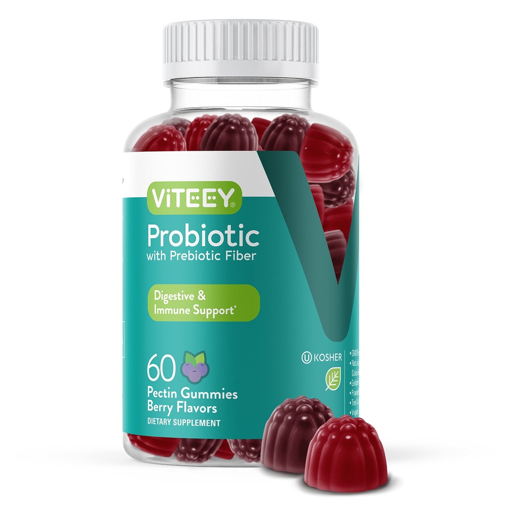Viteey Probiotic Gummies con Prebiotici – Integratori per la Salute Digestiva – 2 miliardi di CFU – Vegan, Gluten-Free – 60 Conte