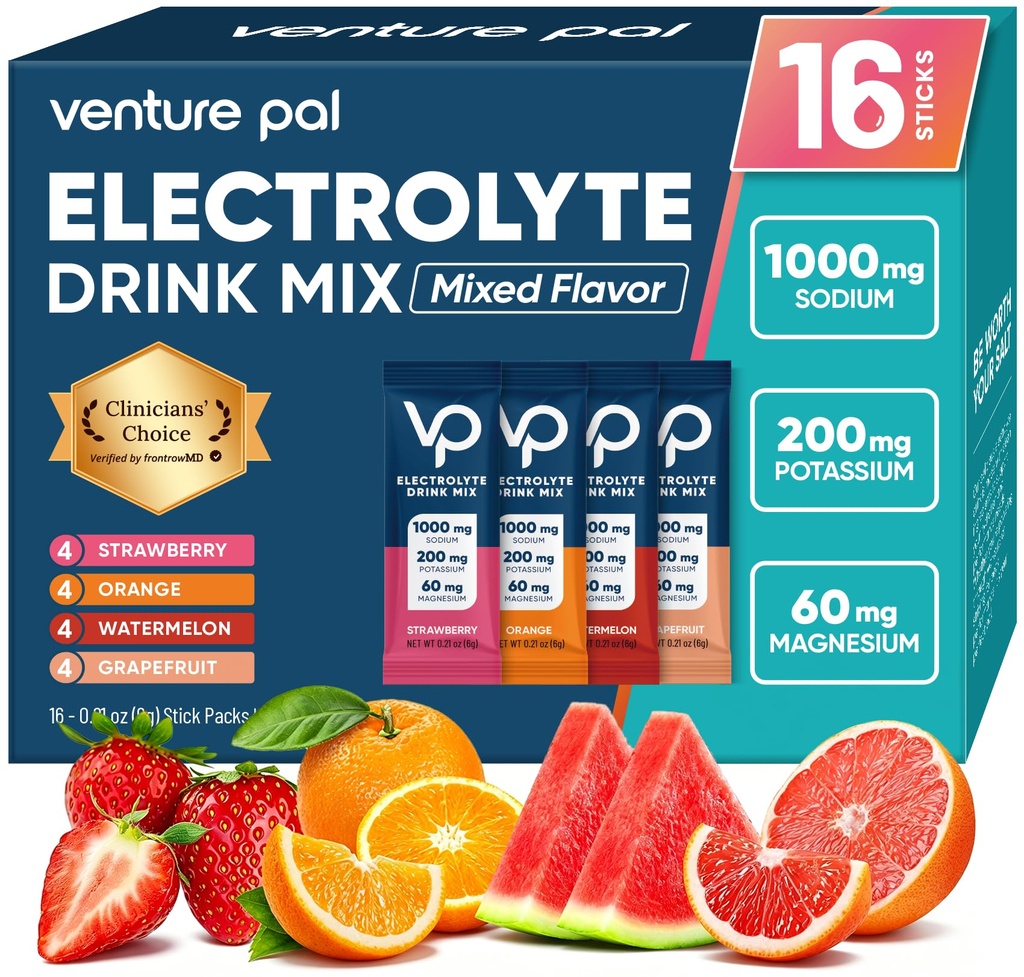 Imballaggio della polvere degli elettroliti liberi dello zucchero di sodio di Venture Pal - Imballaggi di idratazione con vitamina, sodio e potassio | Calorie zero | Vegan, Keto & Paleo Friendly Electrolyte Drink Mix - 16 Sticks