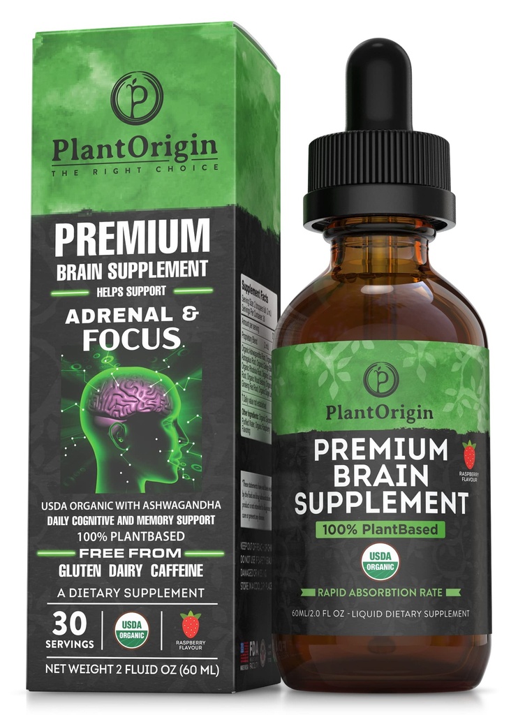 PLANTORIGIN-USDA Organic Liquid Brain Supplemento – Gocce Nootropiche per Focus, Memory & Mental Clarity – Vegan, Non OGM, Caffeine-Free, Ashwagandha, Ginseng, Ginkgo, Rhodiola – Made in USA
