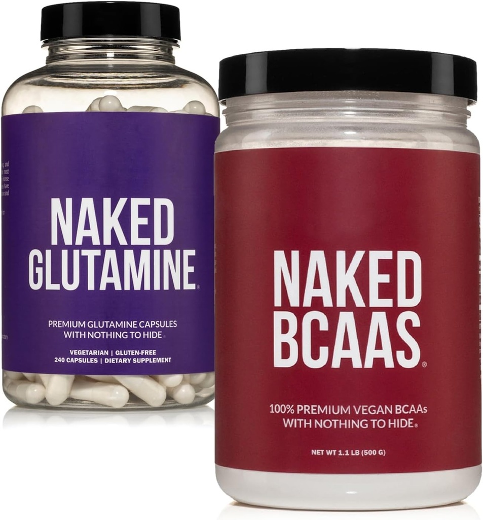 NAKED non aromaed BCAAs 100 Sevings + Pure L-Glutamine 240 capsule Bundle: Non-GMO, senza glutine, recupero del muscolo, niente artificiale