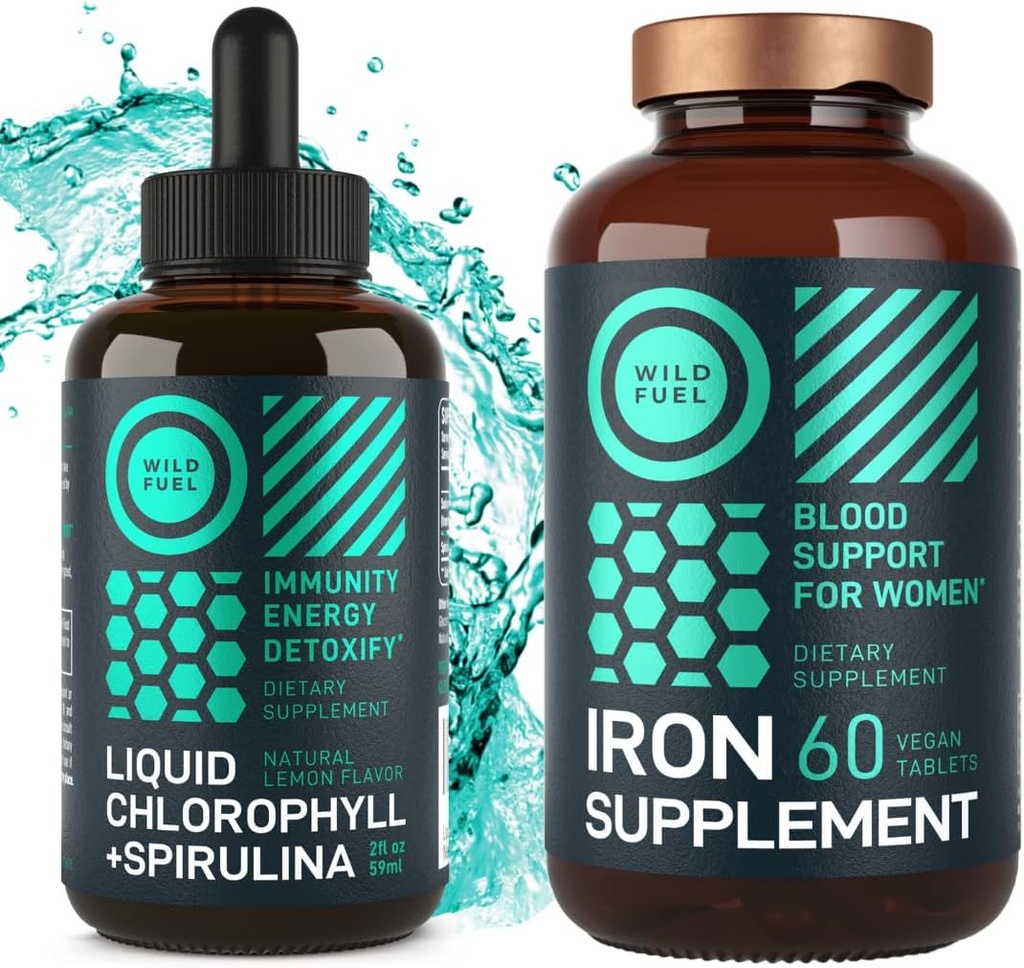 WILD FUEL ferro compresse per le donne con acido folico e clorofilla liquida con Spirulina Salute femminile e Detox Bundle