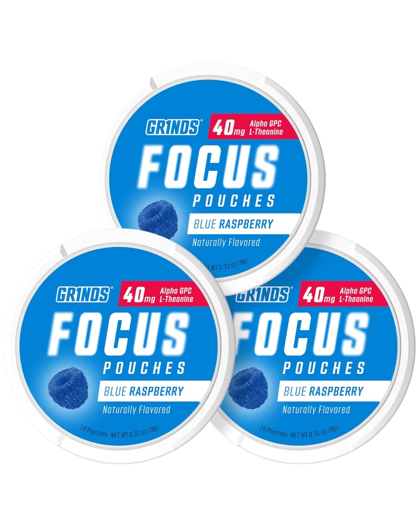 GRINDS Focus Pouches - Aroma naturale con ingredienti nootropici - Contiene Alpha GPC e L-teanina, Sugar-Free - 3 Pack, 18 Pouches per Can - Blue Raspberry