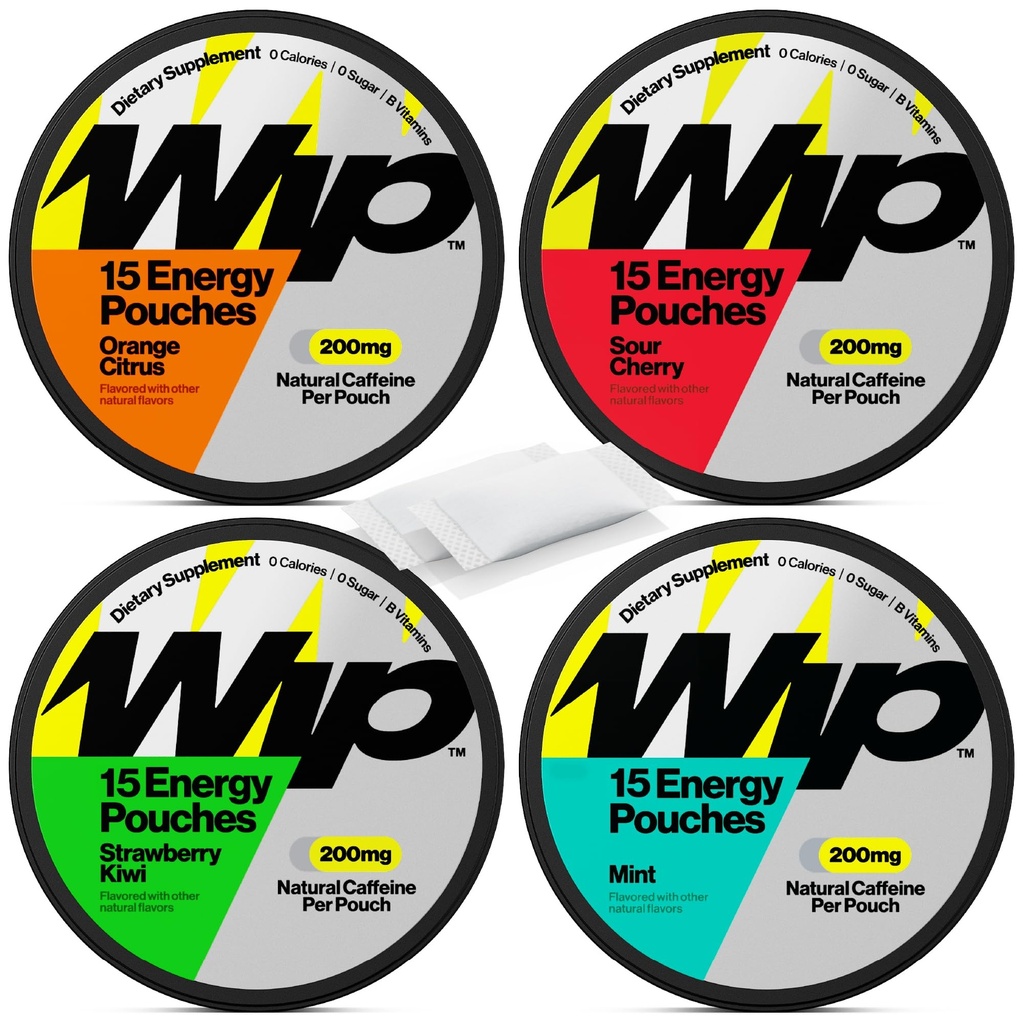 Wip Energy Pouches | 200mg Natural Caffeine | Vitamine e Minerali | 4 Pack Assortiti: Ciliegia acida, Menta, Agrumi arancio, Fragola Kiwi
