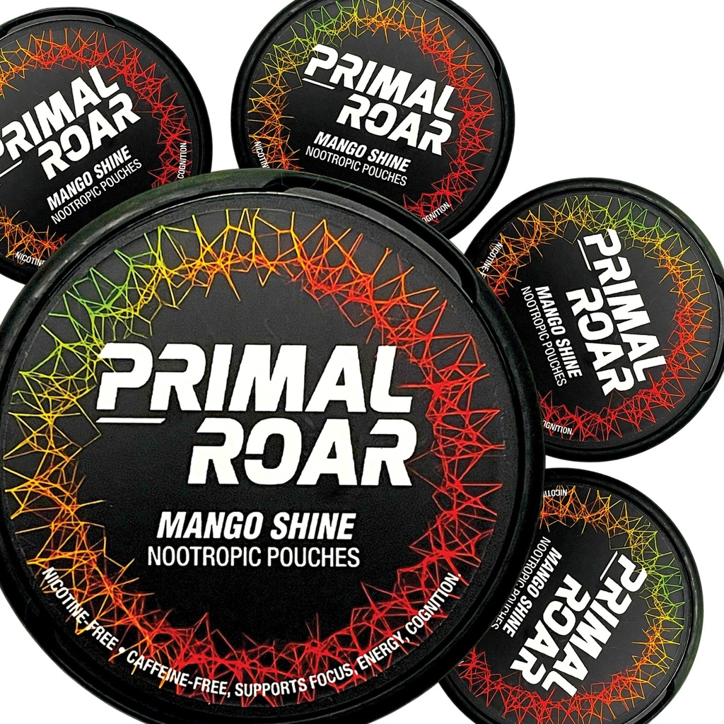 Primal Roar Mango Shine - Stimulant-Free Deep Focus Nootropics Pouches | Mane + Cognizin Citicolina + Huperzine A | Nicotina e Caffeina-Free | 20 Pouches Per Can (100 Totale in 5-Pack)