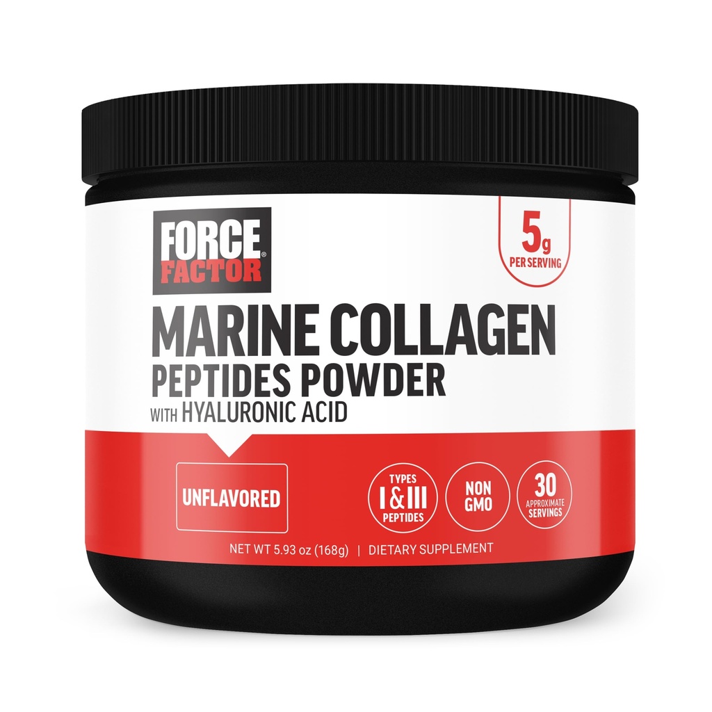 FORCE FACTOR polvere di collagene marino per donne e uomini, Peptidi di collagene marino tipo I & III con acido ialuronico per sostenere capelli sani, pelle, unghie, ossa e articolazioni, non aromatizzati, 30 Serve