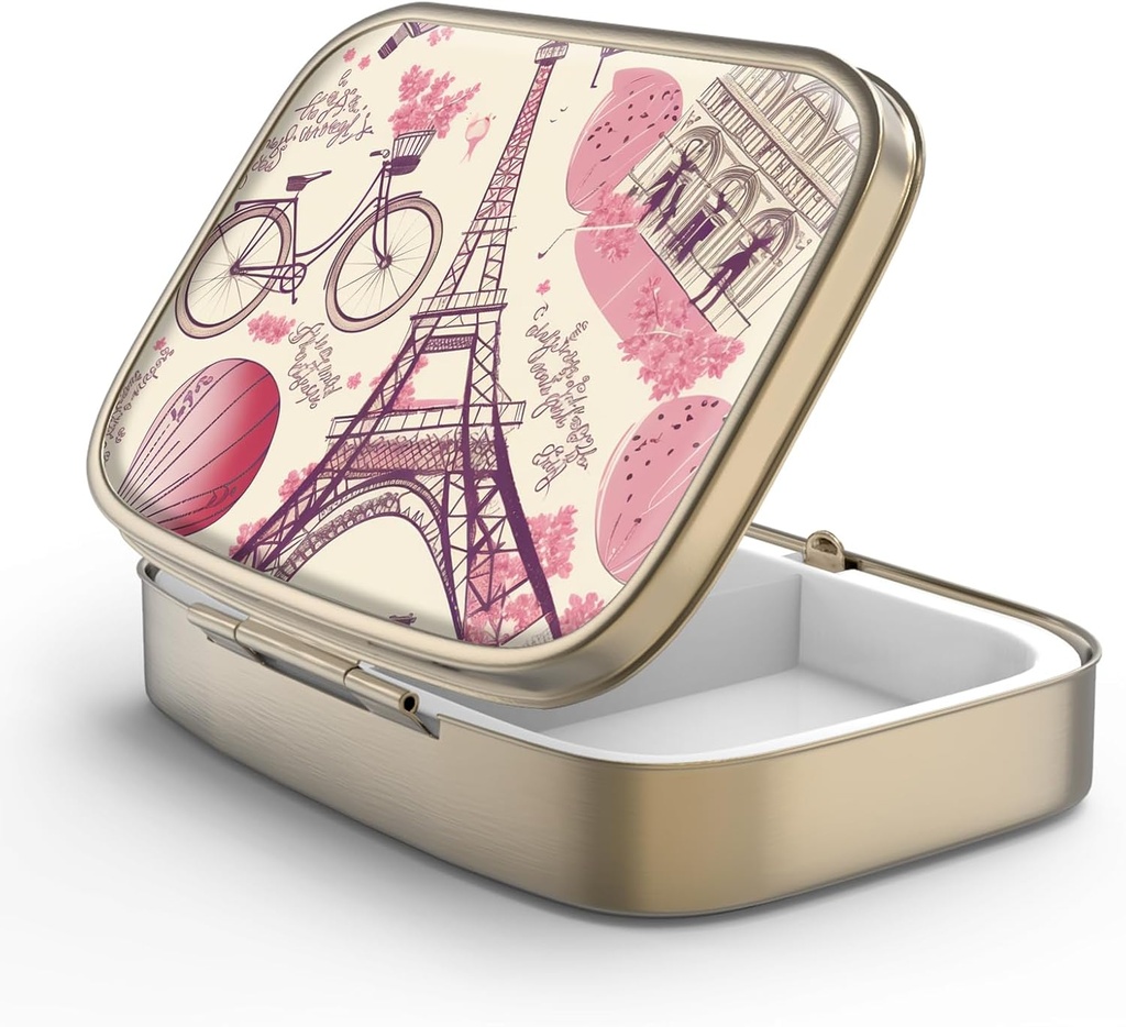 Pill Case Pill Box con Specchio Retro 2 scomparti Piccolo caso Pillola per Purse o Pocket Bronze Box Pillola rettangolare o Vitamine, Olio di Pesce, Supplementi, Pillola Containe Regali di viaggio (Torre Eiffel)
