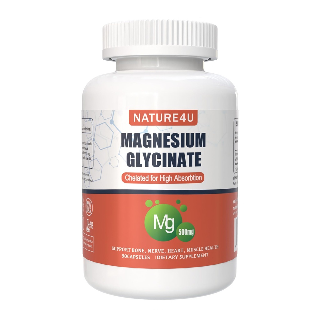 Magnesio Glycinate 500mg, 100% Chelato per il supplemento di Magnesio ad alto assorbimento per il sonno, il muscolo, il cuore, mai e il supporto Bone, 90 capsule