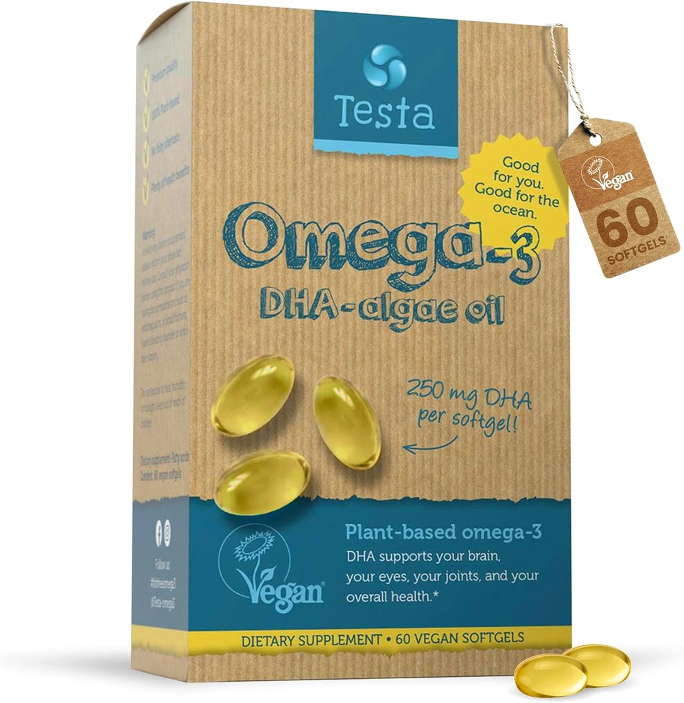 Testa Omega 3 Supplemento - 250mg DHA da olio di alghe - Vegan Omega 3 - Supporta il cervello, la salute degli occhi e delle articolazioni - Non da pesce, capsule di alghe pure - due mesi di alimentazione