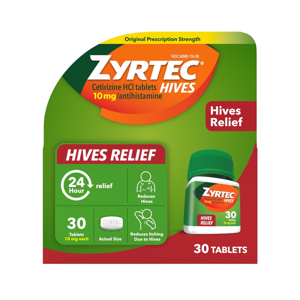 Zyrtec 24 ore Alveari Rilievo Tablet, 10 mg Cetirizine HCl compresse per aiutare a ridurre le immersioni e ridurre il prurito a causa di Hives, Antihistamine compresse per Itch sollievo e trattamento di Urticaria, 30 ct