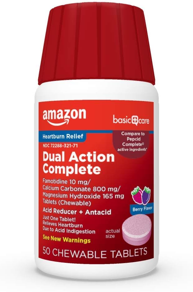 Cura di base Doppio Azione Completa, Riduttore di acido masticabile Plus compresse azotate, Aroma di bacche, Medicina di bruciore, Rilievo di indigestione acida, 50 conte