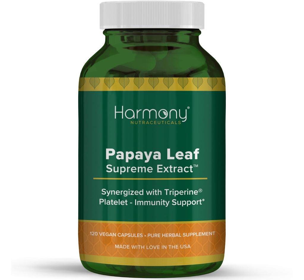 Harmony Nutraceuticals Papaya Leaf Supreme Extract Highest Potency Maximum Bioattività Organic Dr. Gumman's Clinical Grade 120 Vegan Capsule Synergized con Triperine