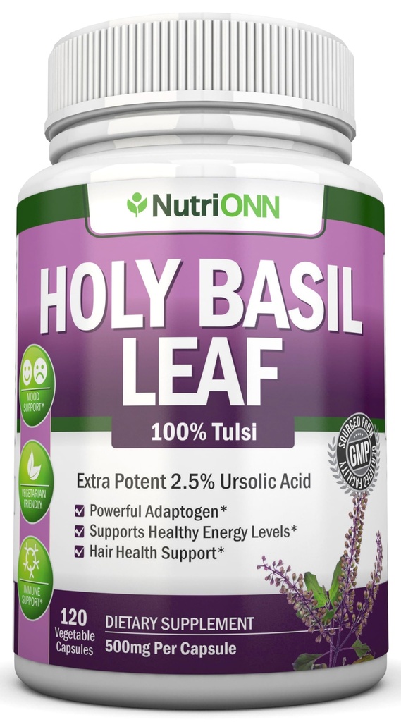 San Basilio Leaf Capsules - 500mg - 2,5% Acido Ursolico - 120 Vegan Capsule - Integratore di Estratto di Tulsi Vero - Mindset Positivo - Erbe Adaptogenic & Ayurvedic