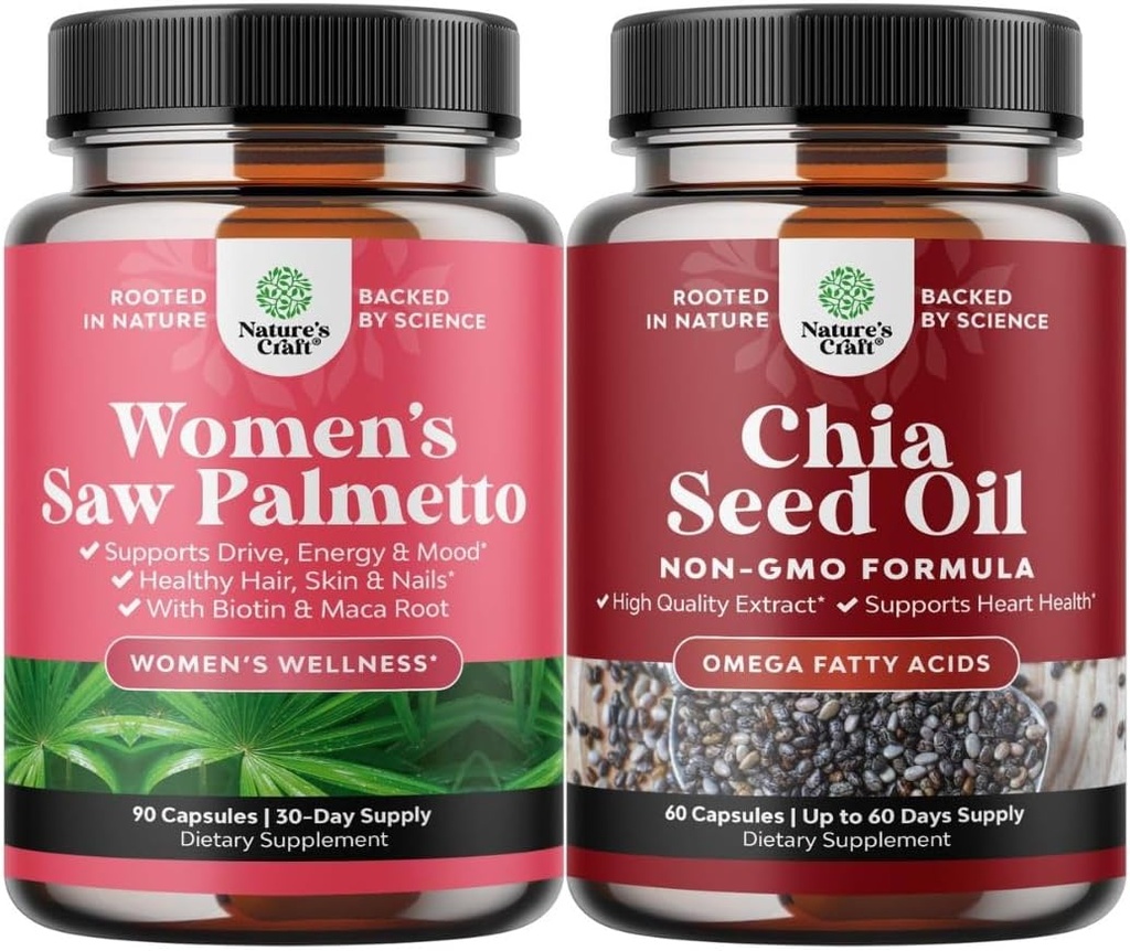 Bundle di palmetto di sega ad alta resistenza per le donne e le capsule di Estratto di olio di semi di chia - Vitamine più forti di crescita dei capelli più veloci - capsule vegetali Omega 3 6 9 supplemento e capsule di fibra quotidiana